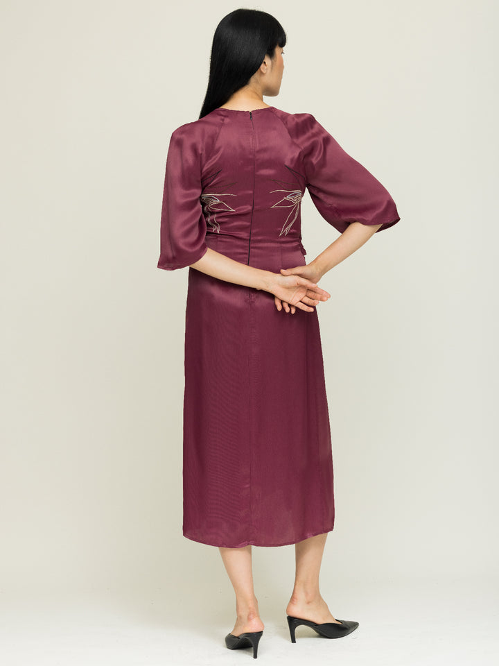 Harriet Dress Royal Satin Crepe Plum Embroidered Delivery