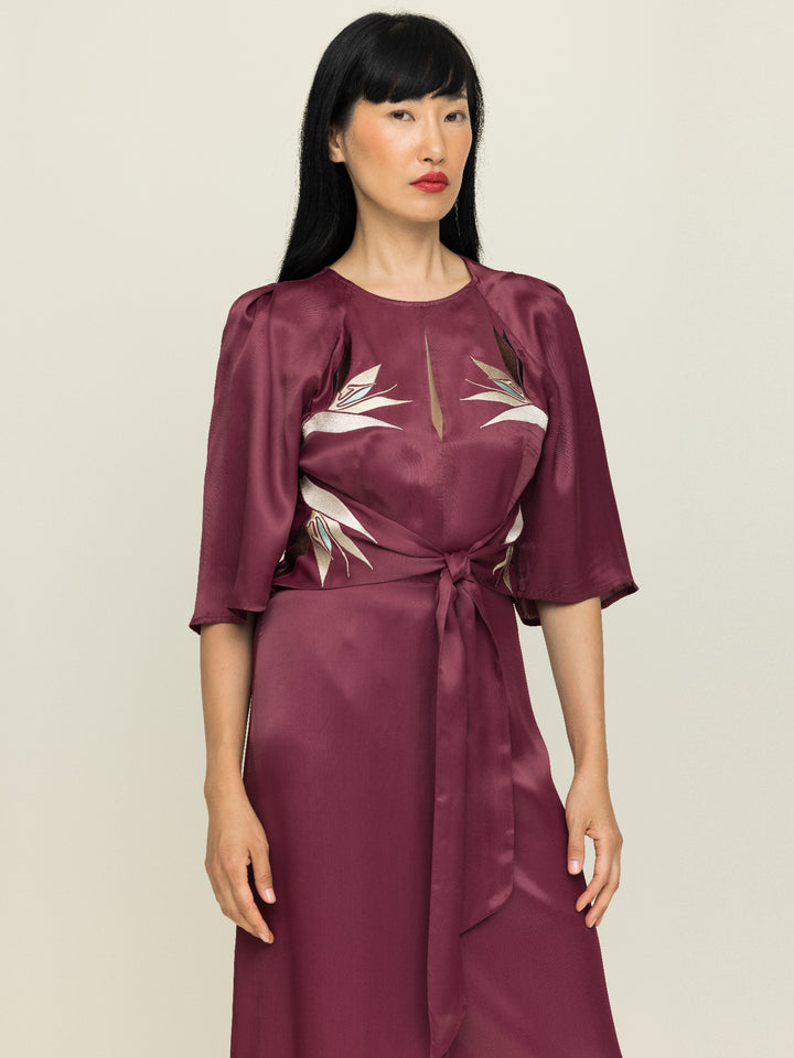 Harriet Dress Royal Satin Crepe Plum Embroidered Delivery