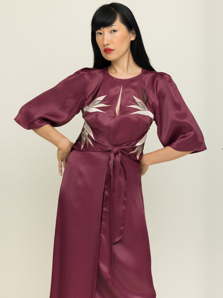 Harriet Dress Royal Satin Crepe Plum Embroidered Delivery