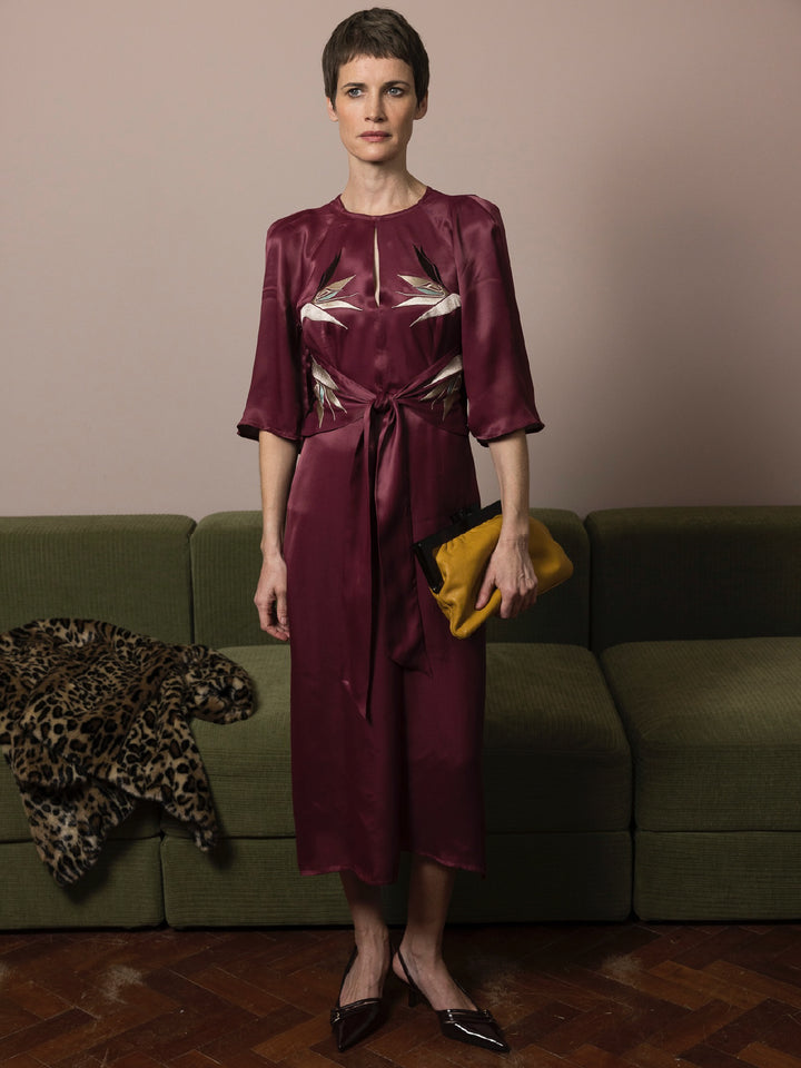 Harriet Dress Royal Satin Crepe Plum Embroidered Delivery