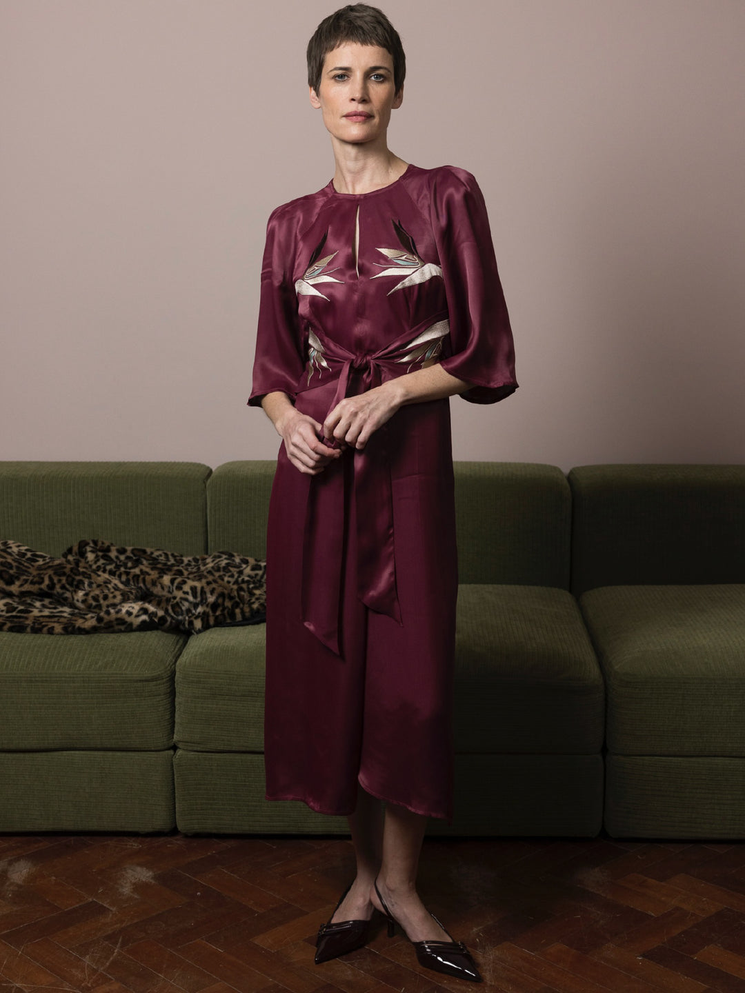 Harriet Dress Royal Satin Crepe Plum Embroidered Delivery