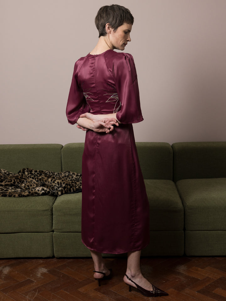 Harriet Dress Royal Satin Crepe Plum Embroidered Delivery