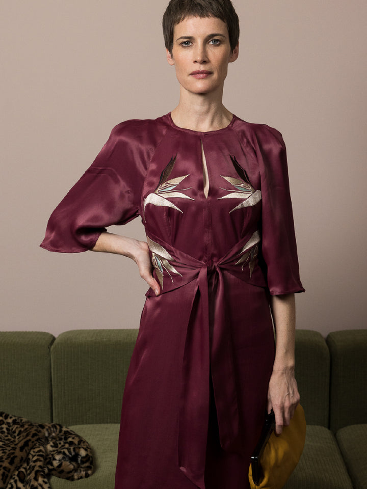 Harriet Dress Royal Satin Crepe Plum Embroidered Delivery