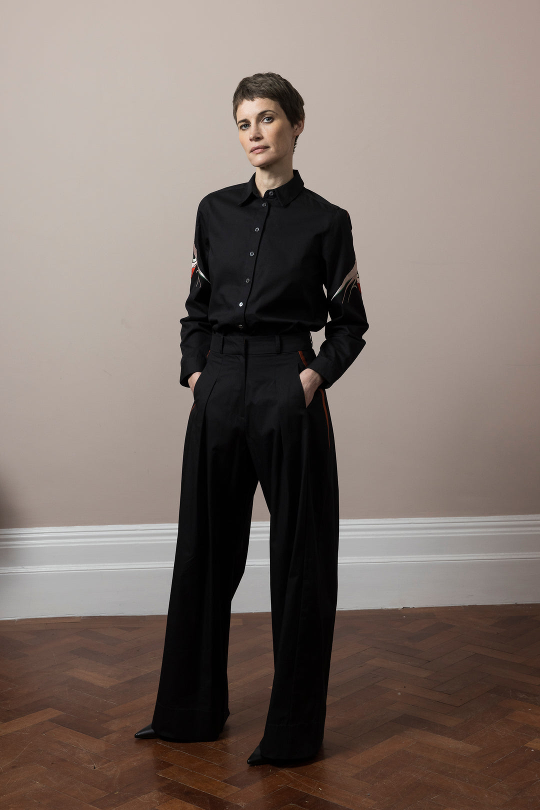 RAE Trousers Embroidered Shirt Black cotton satin poplin