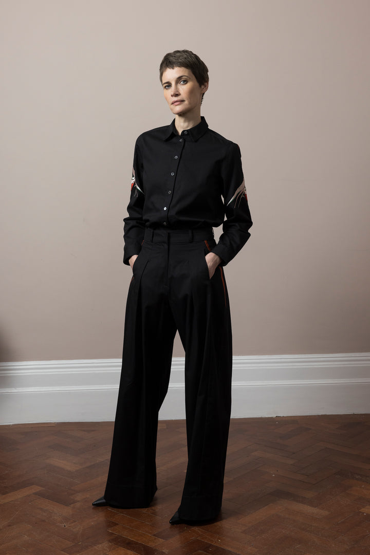 RAE Trousers Embroidered Shirt Black cotton satin poplin