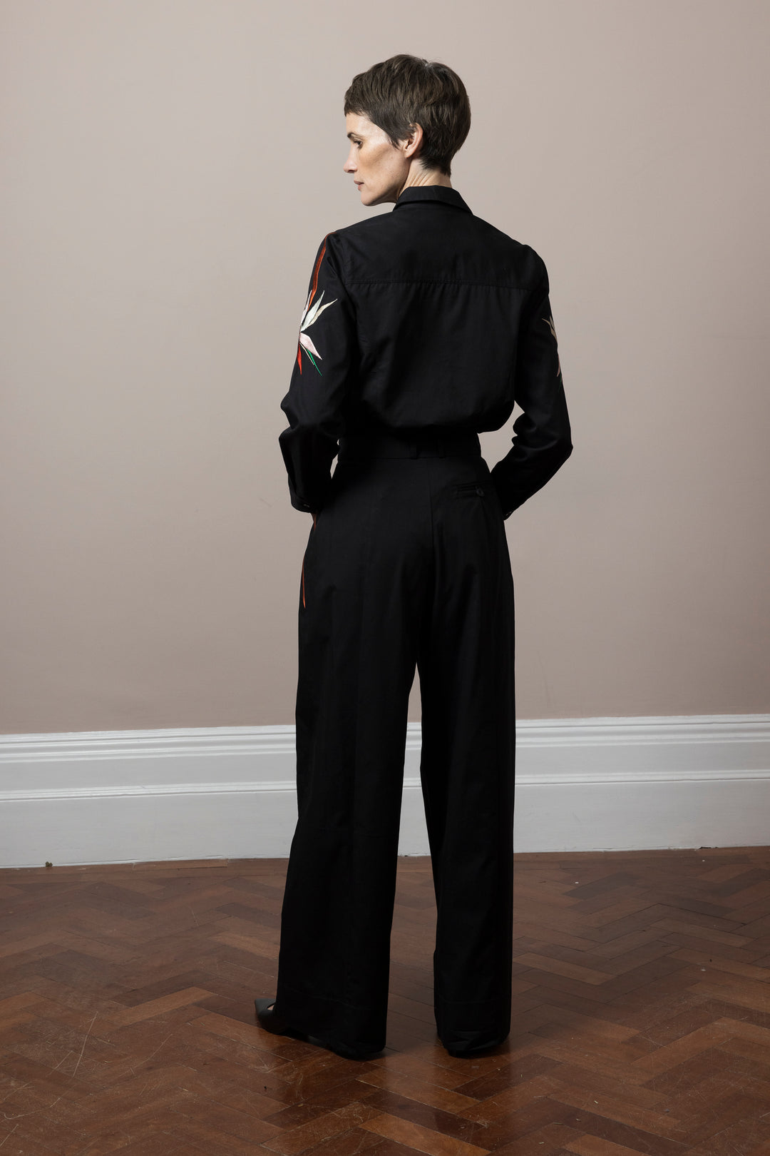 RAE Trousers Embroidered Shirt Black cotton satin poplin