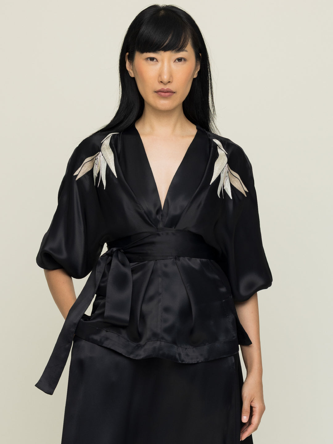Isabel Wrap Blouse Royal Satin Crepe Jet Black