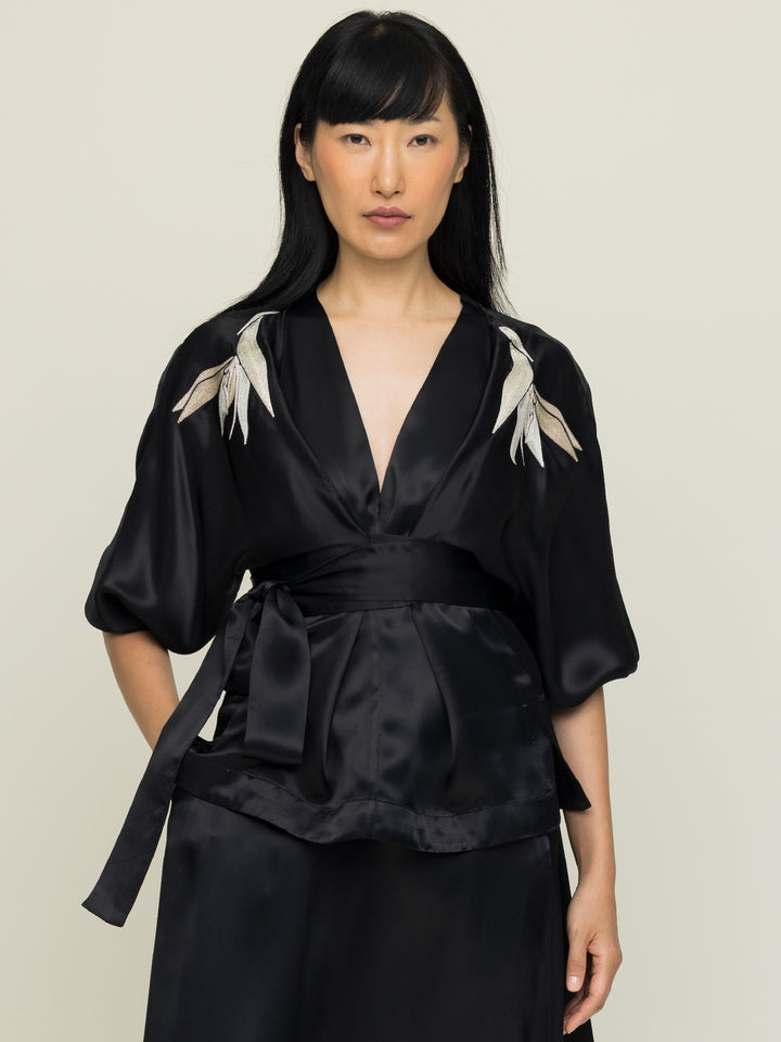 Isabel Wrap Blouse Royal Satin Crepe Jet Black