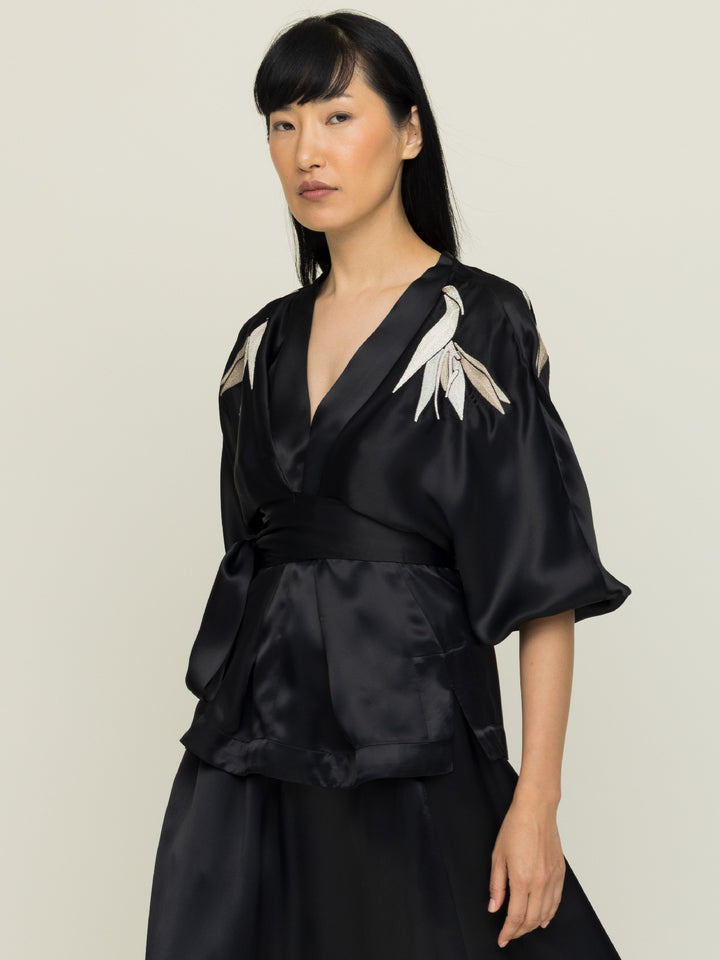 Isabel Wrap Blouse Royal Satin Crepe Jet Black