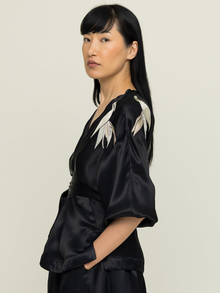 Isabel Blouse + Linda Skirt Embroidered Black Satin Set