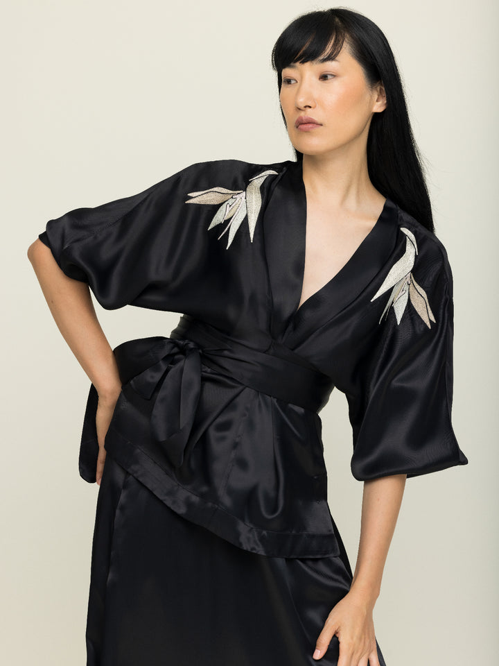 Isabel Wrap Blouse Royal Satin Crepe Jet Black