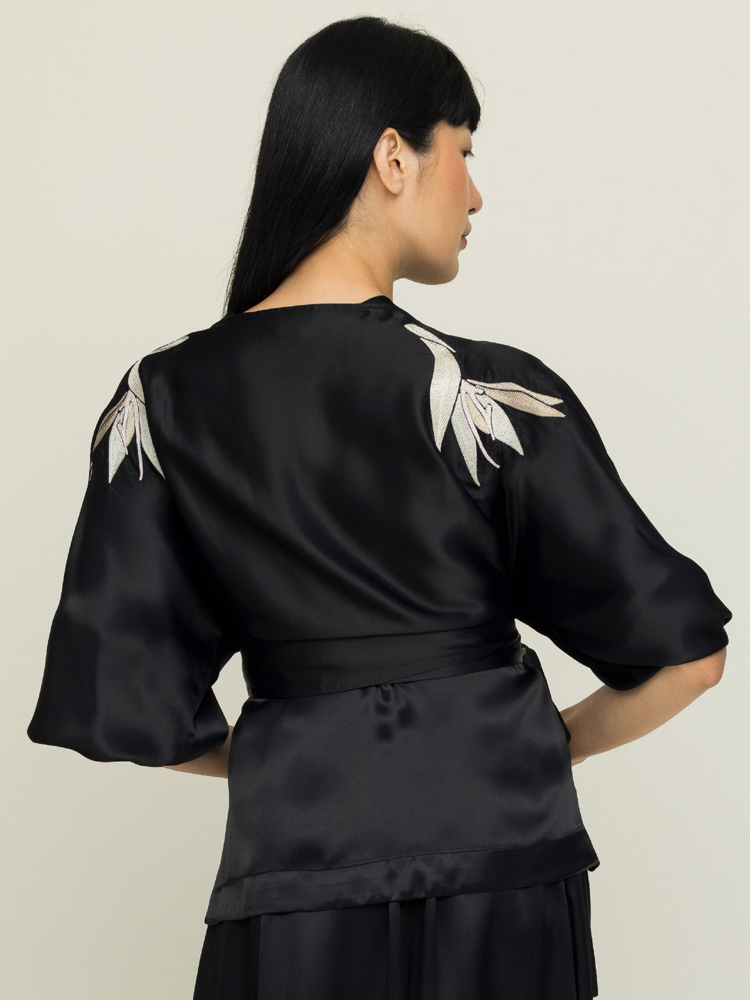 Isabel Wrap Blouse Royal Satin Crepe Jet Black