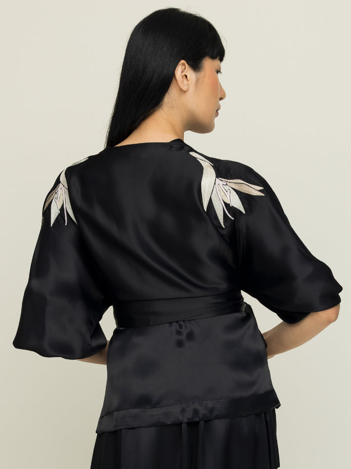 Isabel Wrap Blouse Royal Satin Crepe Jet Black