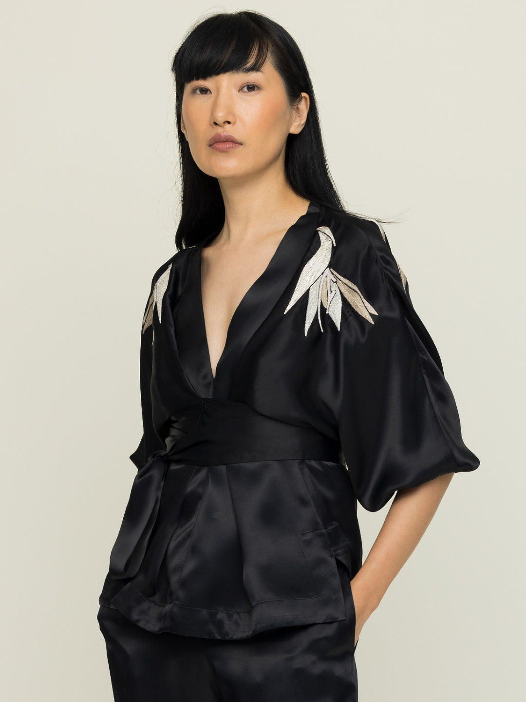 Isabel Wrap Blouse Royal Satin Crepe Jet Black