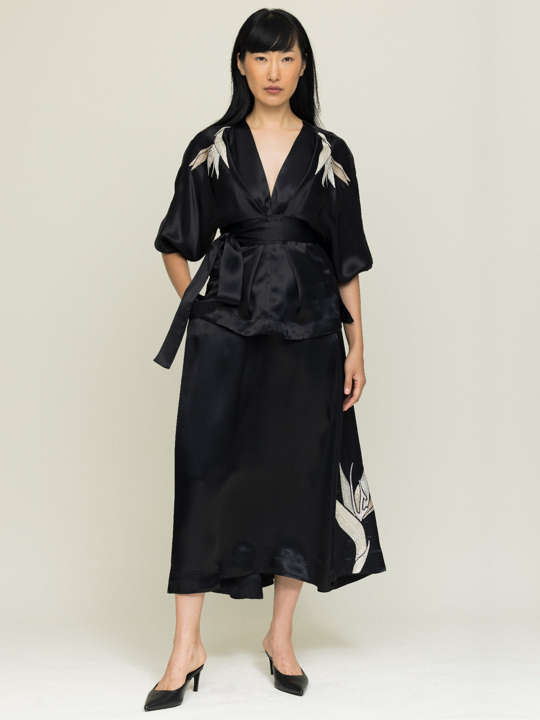 Isabel Wrap Blouse Royal Satin Crepe Jet Black