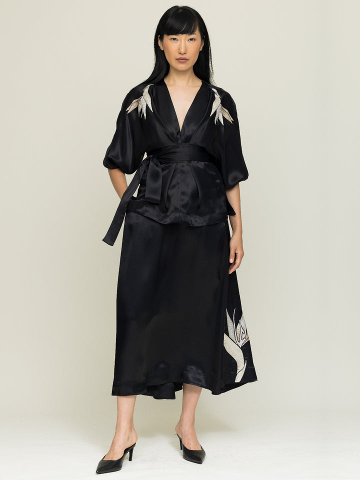 Isabel Wrap Blouse Royal Satin Crepe Jet Black