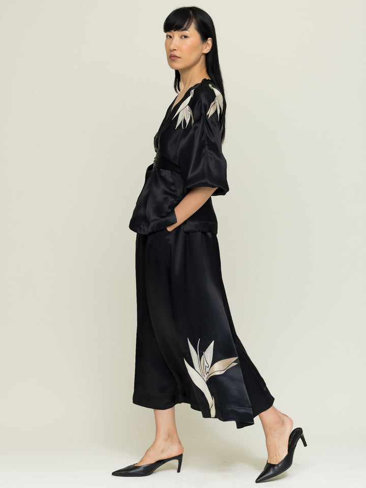 Isabel Blouse + Linda Skirt Embroidered Black Satin Set