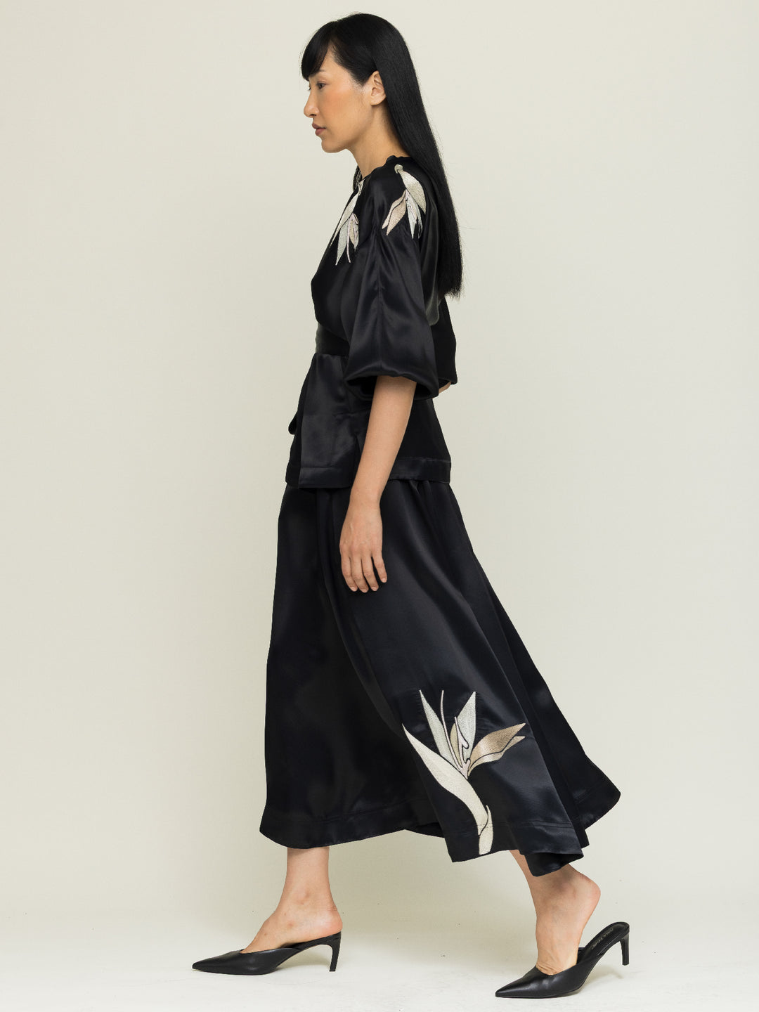 Isabel Wrap Blouse Royal Satin Crepe Jet Black