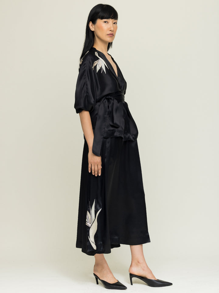 Isabel Blouse + Linda Skirt Embroidered Black Satin Set