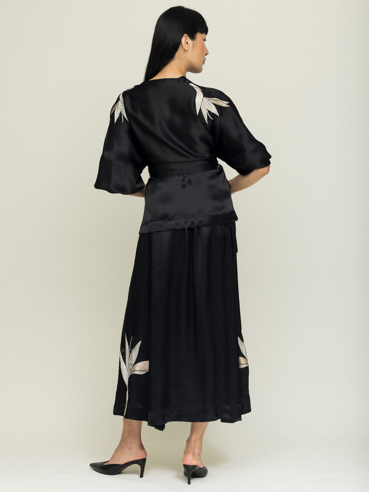 Isabel Wrap Blouse Royal Satin Crepe Jet Black