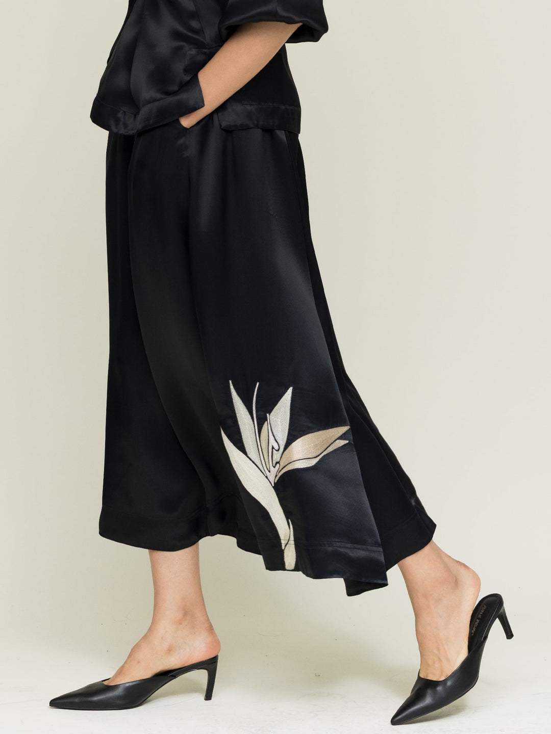 Isabel Blouse + Linda Skirt Embroidered Black Satin Set
