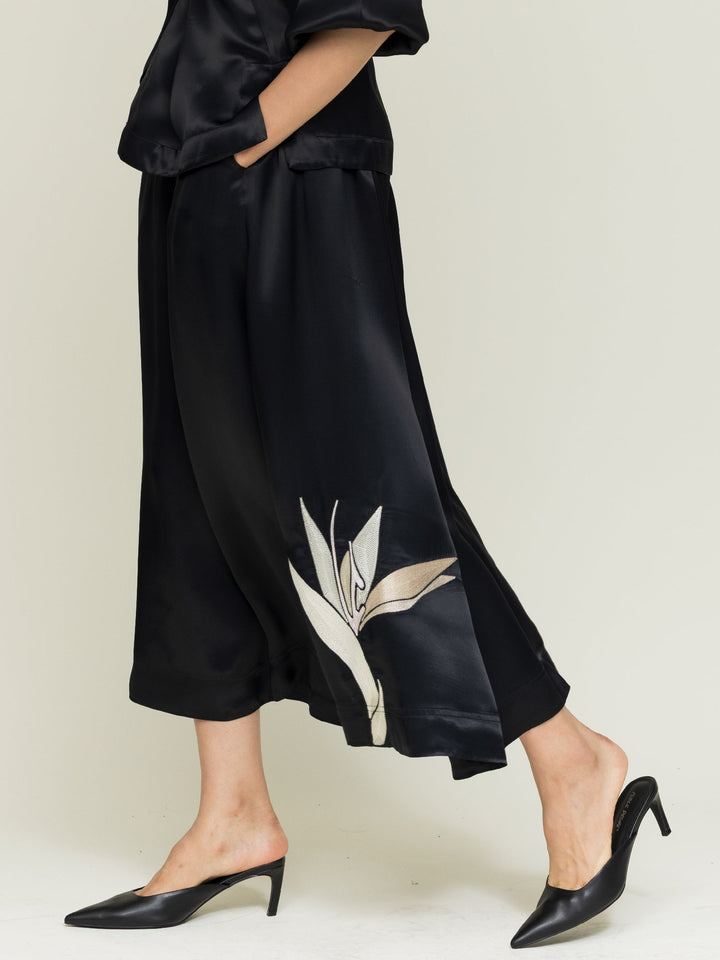 Isabel Blouse + Linda Skirt Embroidered Black Satin Set