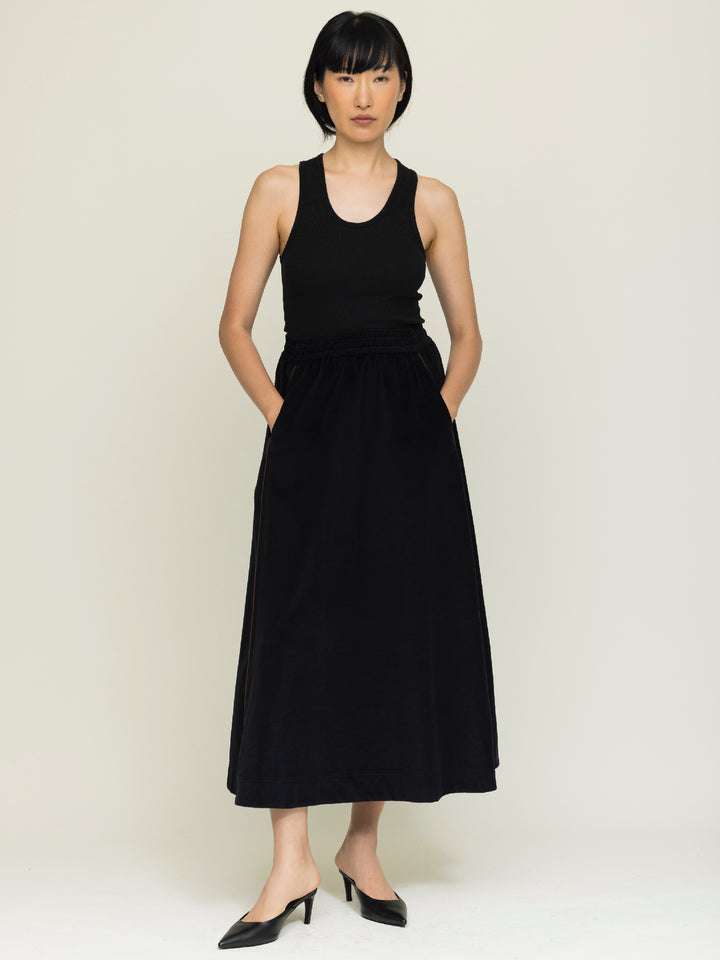 Linda Skirt Cotton Velvet Black with Piping detail