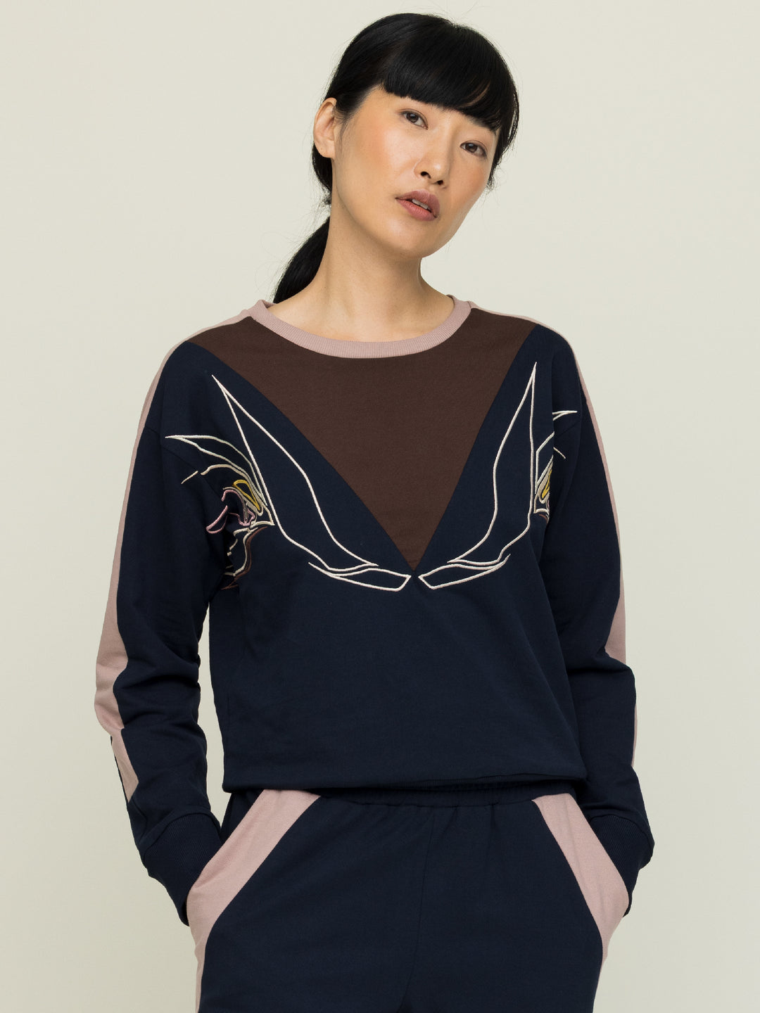 Lisa Sweatshirt Cotton Looperback Jersery Navy Embroidered