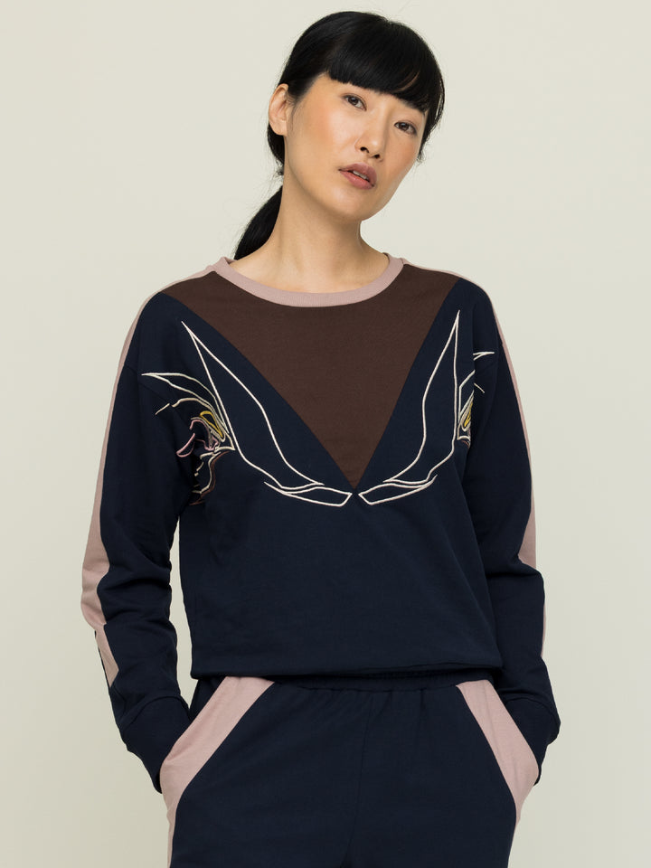 Lisa Sweatshirt Cotton Looperback Jersery Navy Embroidered