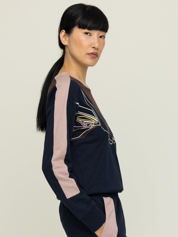 Lisa Sweatshirt Cotton Looperback Jersery Navy Embroidered