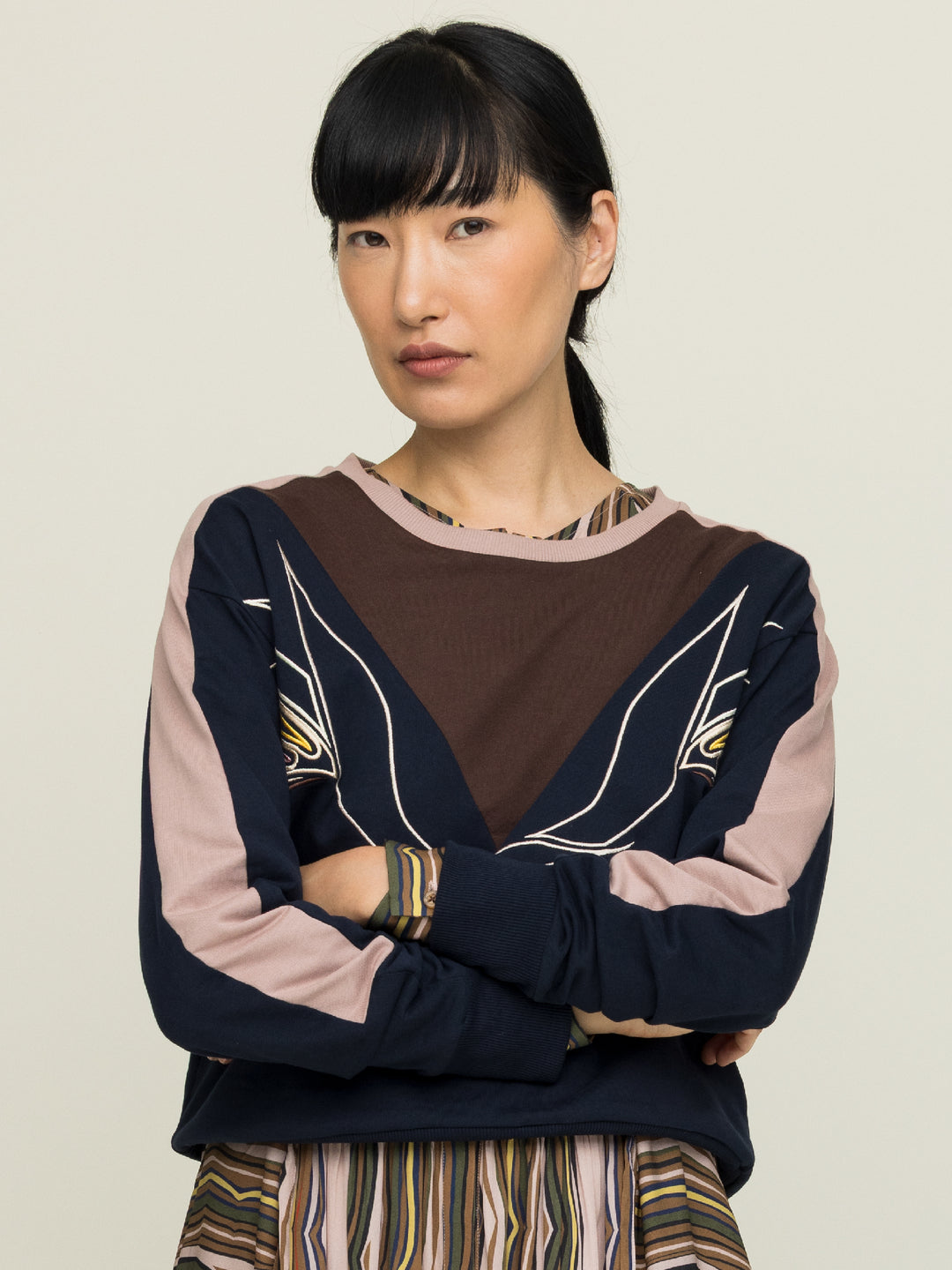 Lisa Sweatshirt Cotton Looperback Jersery Navy Embroidered