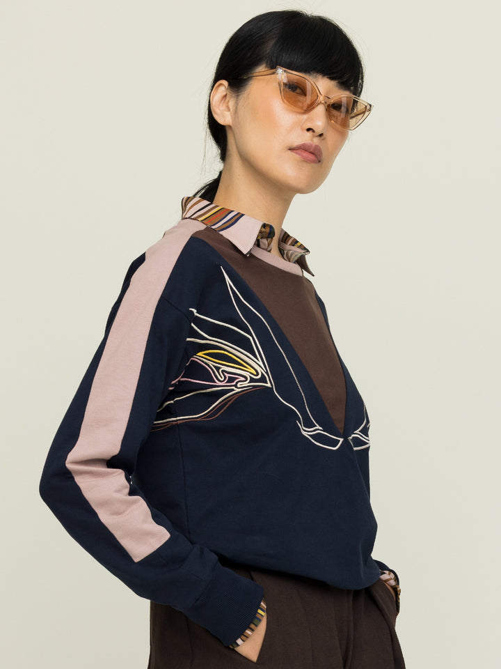 Lisa Sweatshirt Cotton Looperback Jersery Navy Embroidered