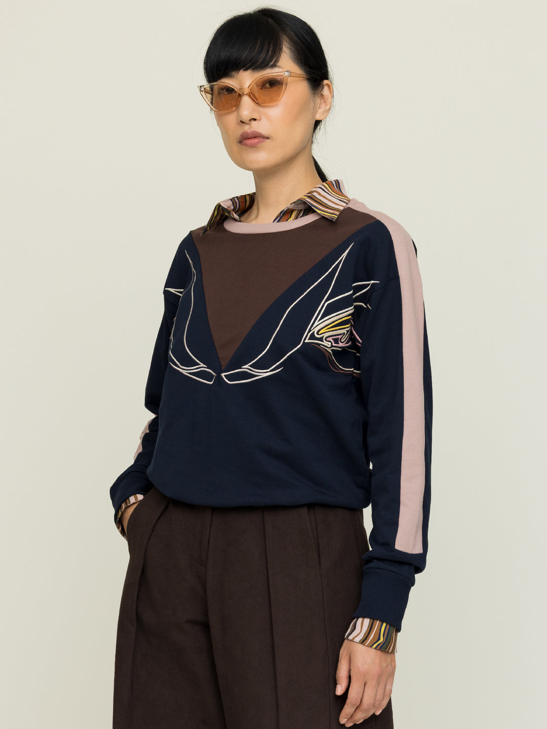 Lisa Sweatshirt Cotton Looperback Jersery Navy Embroidered