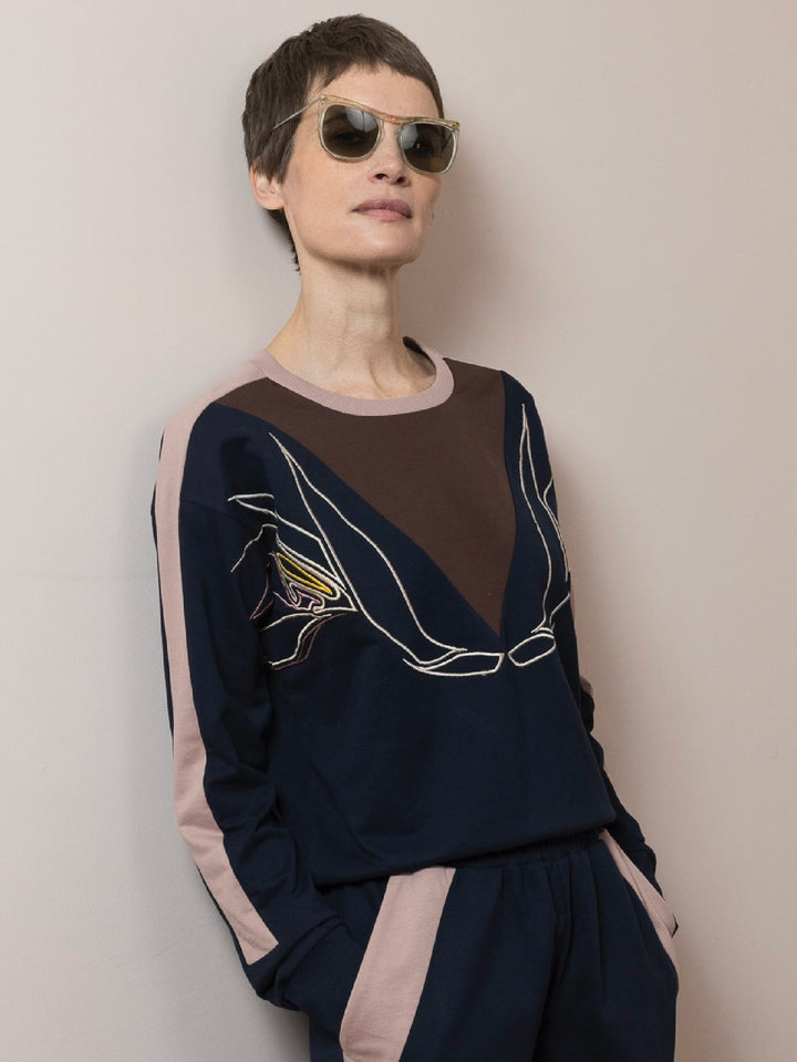 Lisa Sweatshirt Cotton Looperback Jersery Navy Embroidered