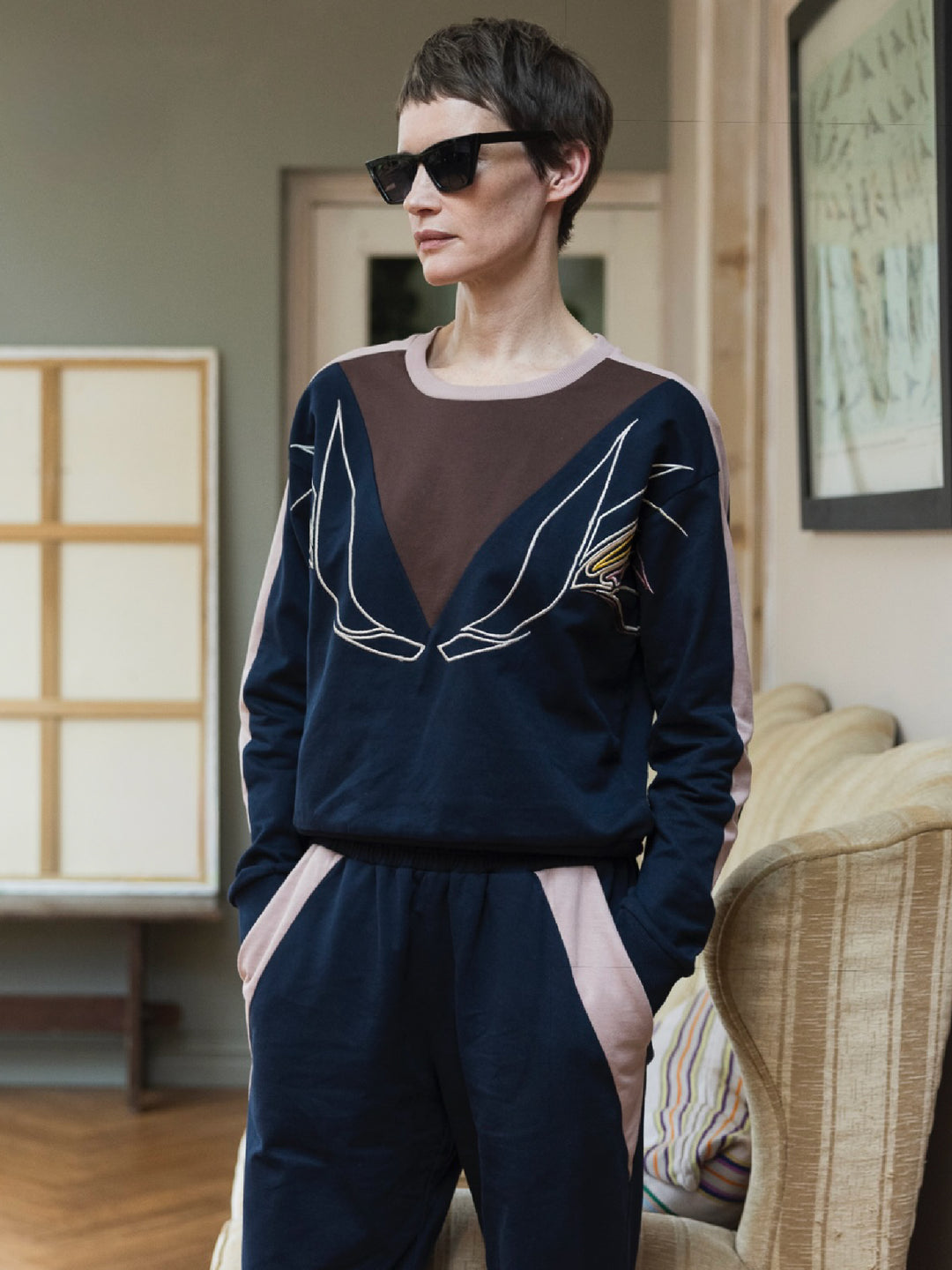 Lisa Sweatshirt Cotton Looperback Jersery Navy Embroidered