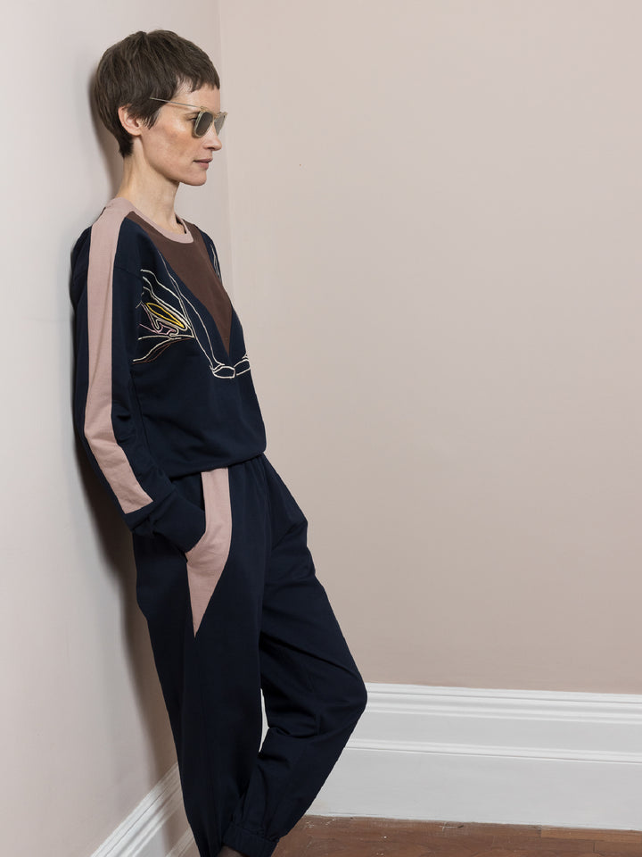 Lisa Sweatshirt Cotton Looperback Jersery Navy Embroidered