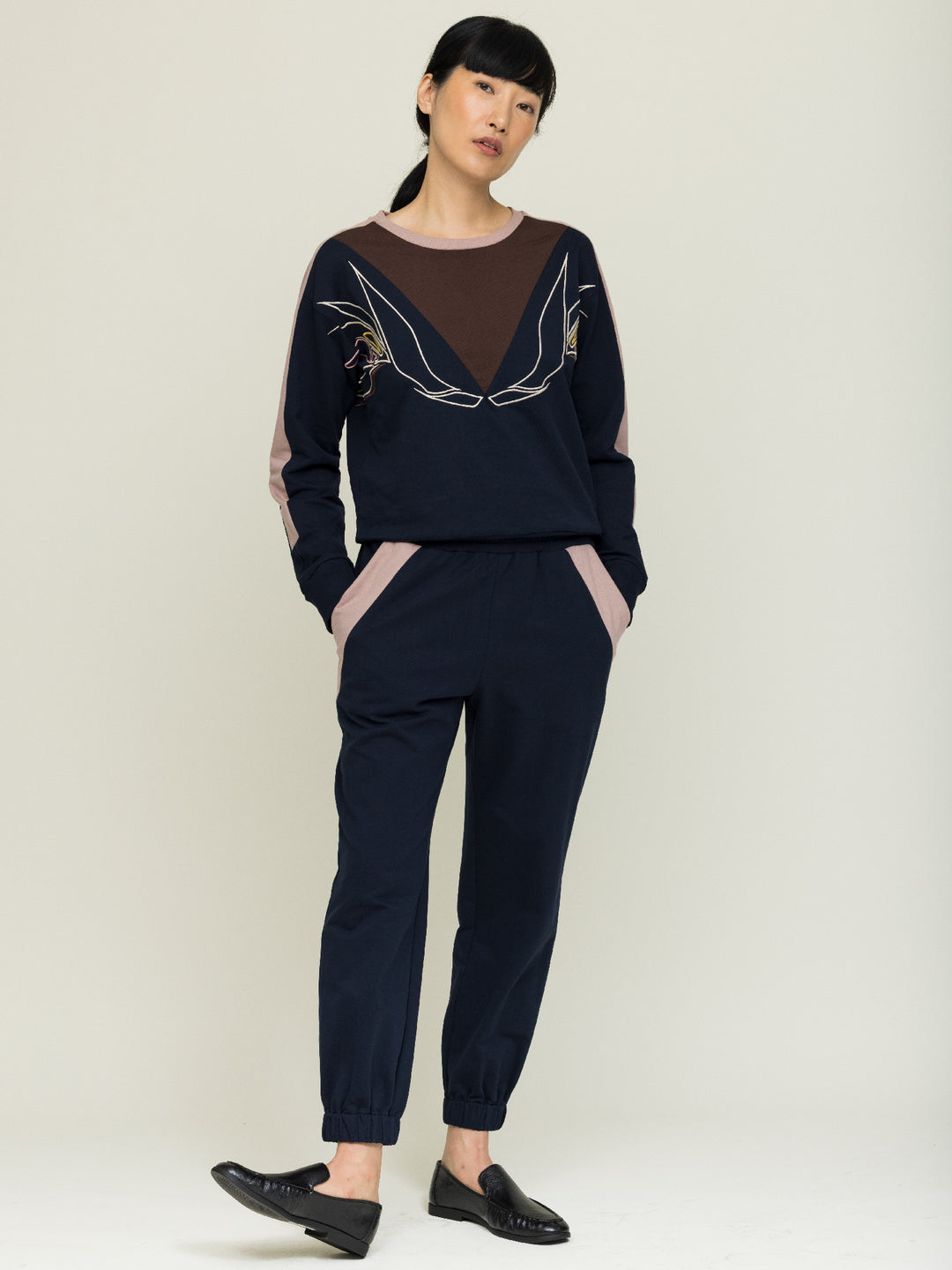 Lisa Sweatshirt Cotton Looperback Jersery Navy Embroidered