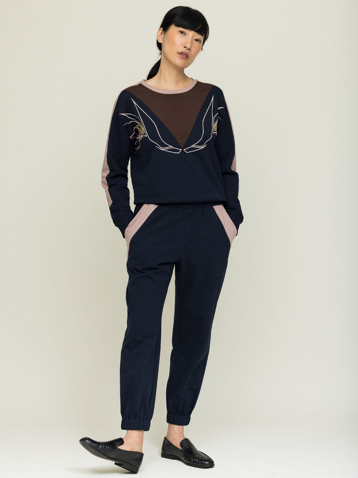 Lisa Sweatshirt Cotton Looperback Jersery Navy Embroidered