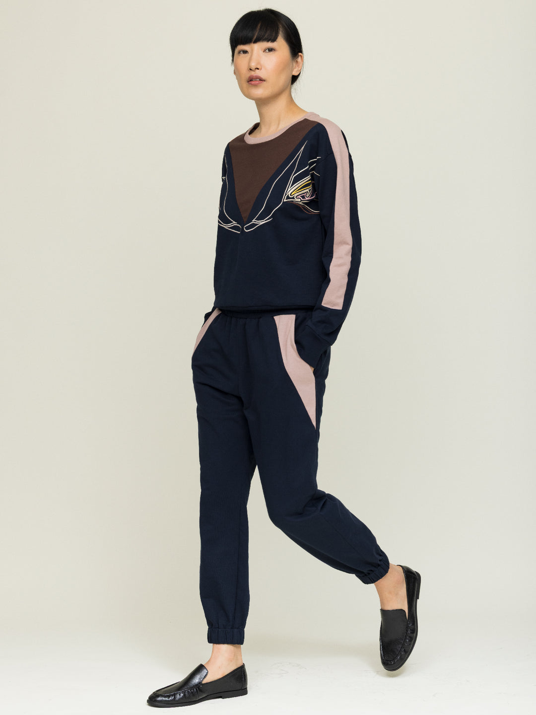 Lisa Sweatshirt Cotton Looperback Jersery Navy Embroidered