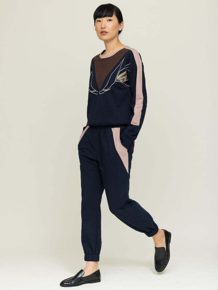 Lisa Sweatshirt Cotton Looperback Jersery Navy Embroidered