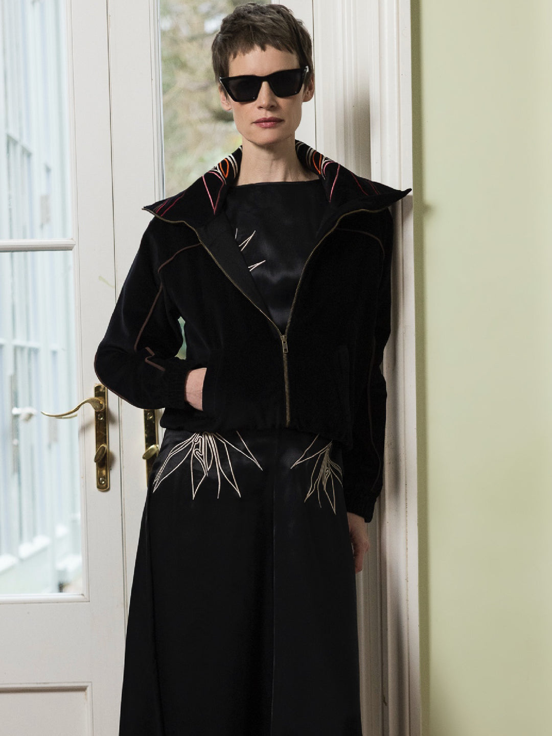 Florence Dress Royal Satin Crepe Jet Black Embroidered