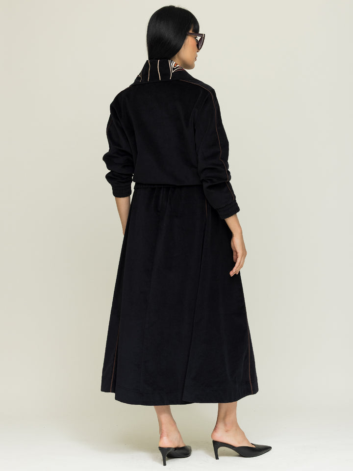 Linda Skirt Cotton Velvet Black with Piping detail