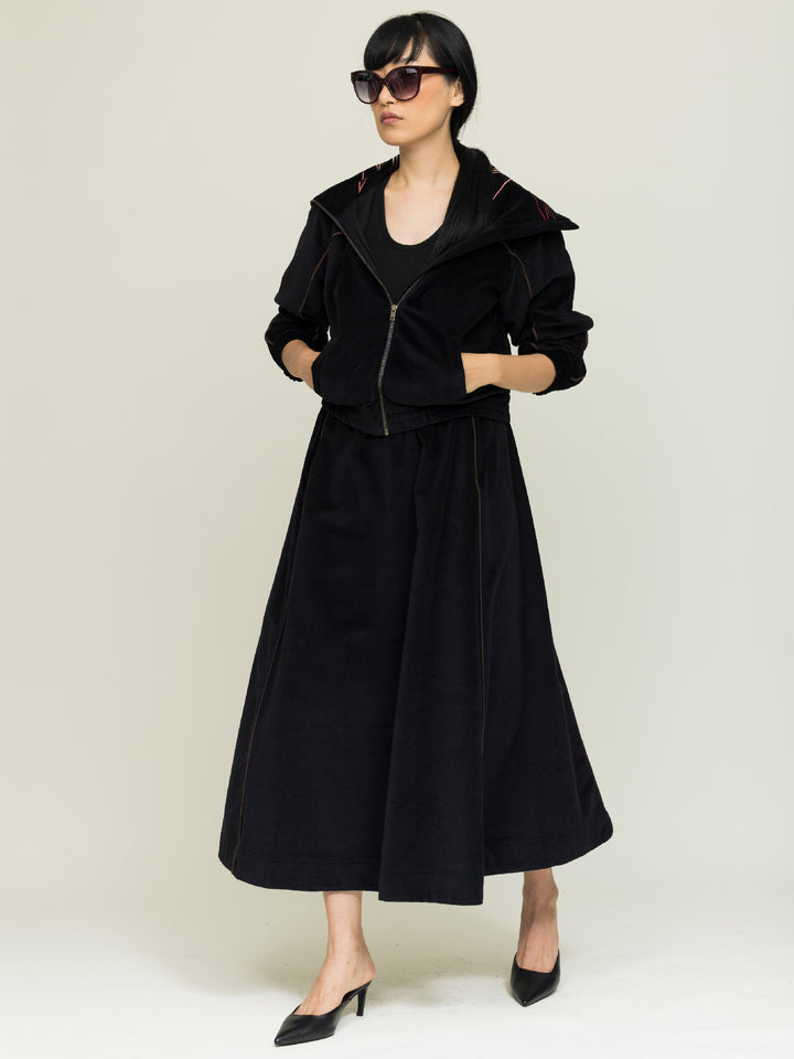 Linda Skirt Cotton Velvet Black with Piping detail
