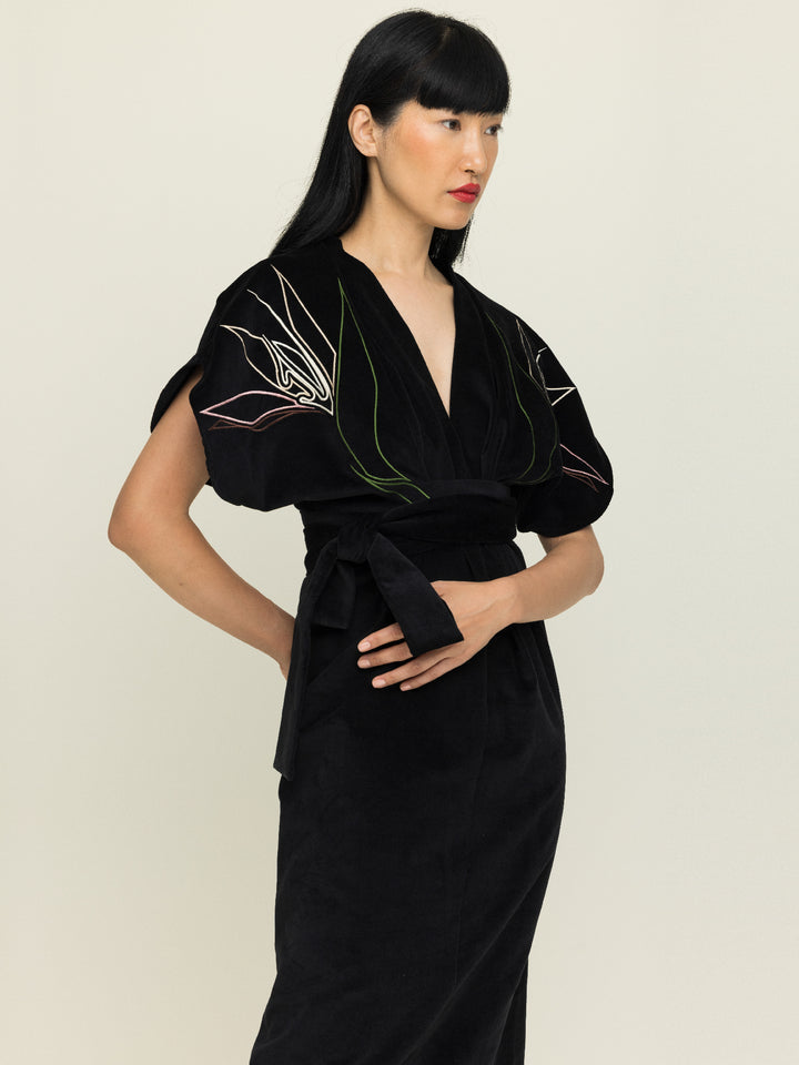 Miller Dress Cotton Velvet Black Embroidered