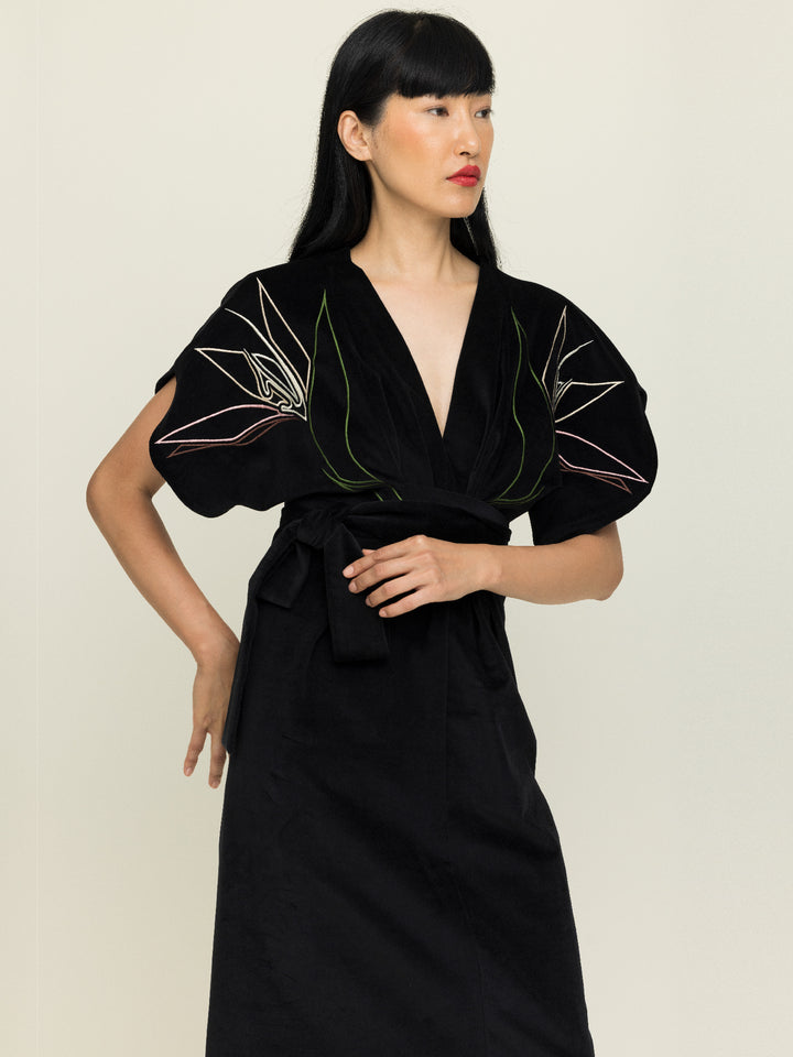 Miller Dress Cotton Velvet Black Embroidered