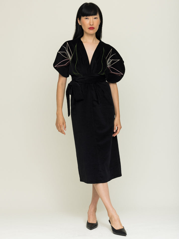 Miller Dress Cotton Velvet Black Embroidered