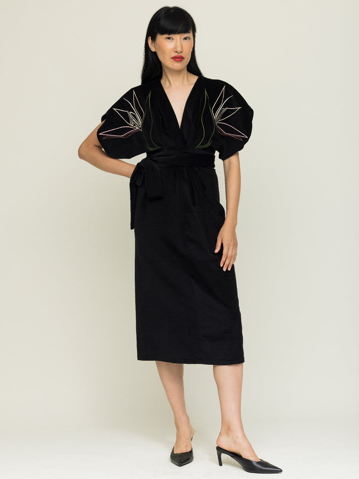 Miller Dress Cotton Velvet Black Embroidered