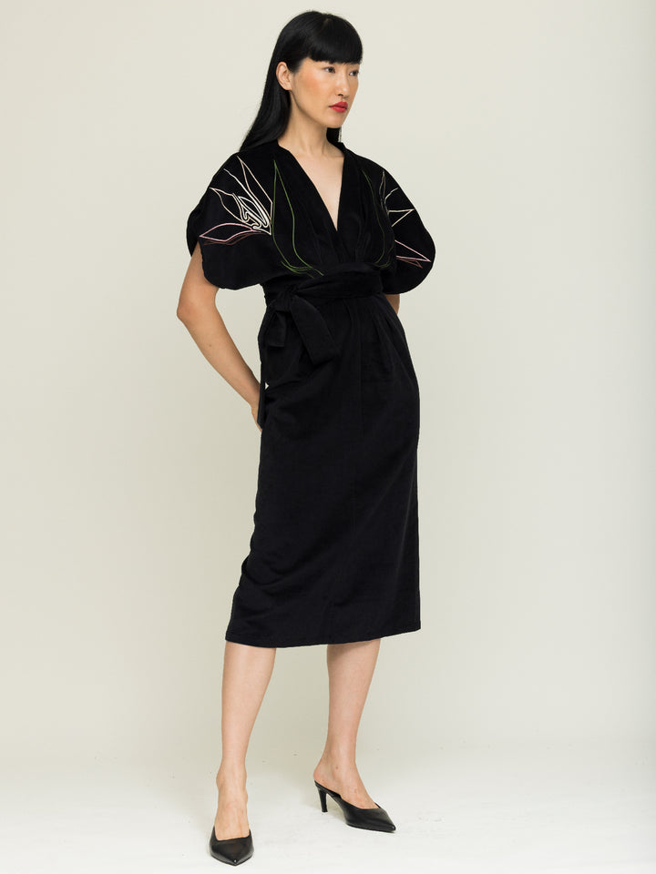 Miller Dress Cotton Velvet Black Embroidered