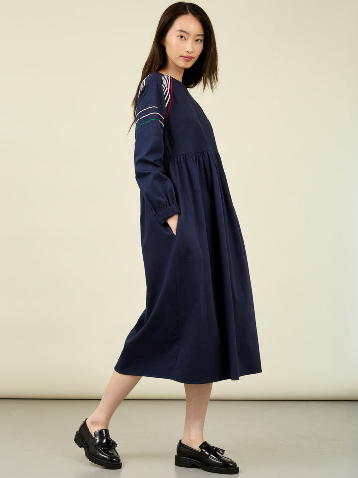 Mim Long Sleeve Embroidered Navy Satin Poplin Midi Dress