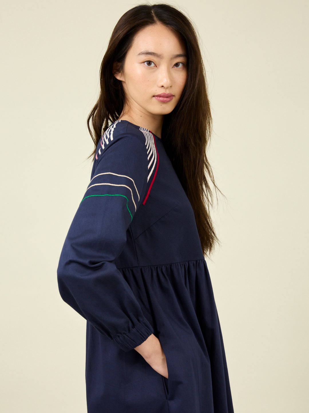 Mim Long Sleeve Embroidered Navy Satin Poplin Midi Dress